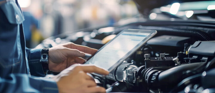Mechanic using a tablet to review data or diagnostics while working on a vehicle engine in a service workshop.