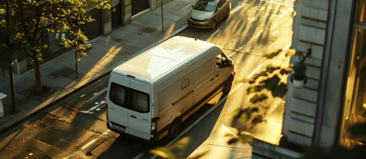 White van driving down a city street in warm golden sunlight, with shadows from nearby trees and buildings creating a calm urban atmosphere.
