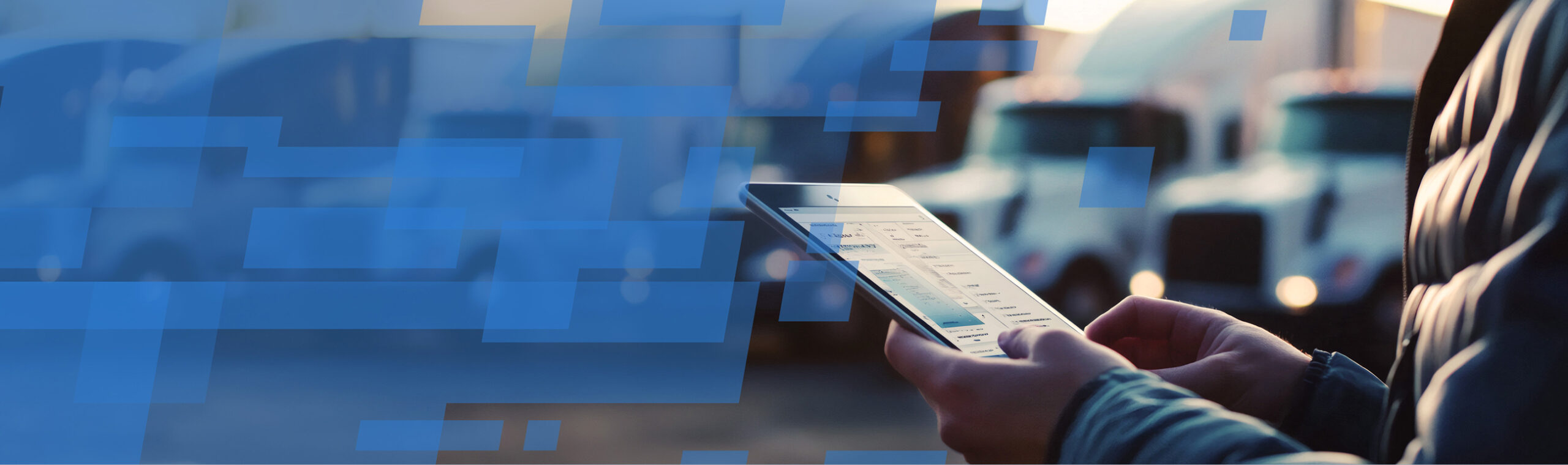 product_hero Person using a tablet to manage logistics or fleet data, with several large trucks parked in the background and blue digital overlay graphics suggesting technology and connectivity